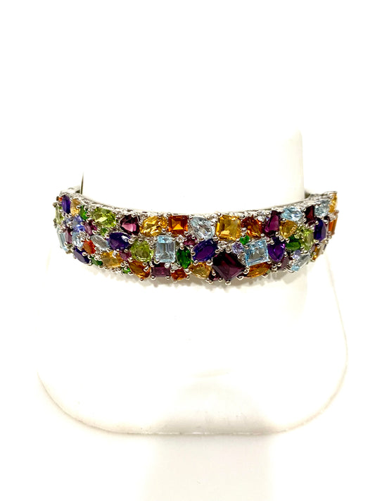 GORGEOUS CONFETTI SEMI PRECIOUS STONE HINGED CUFF BRACELET