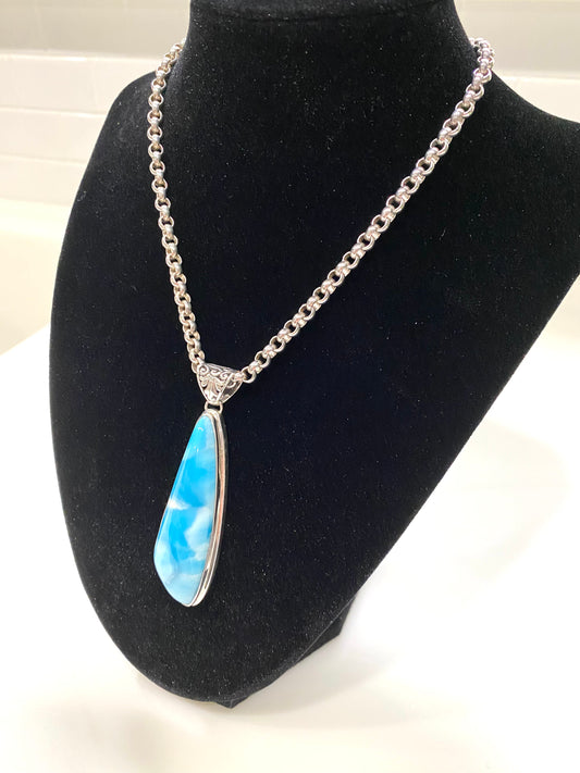 GORGEOUS LARGE LARIMAR NECKLACE IN STERLING SILVER