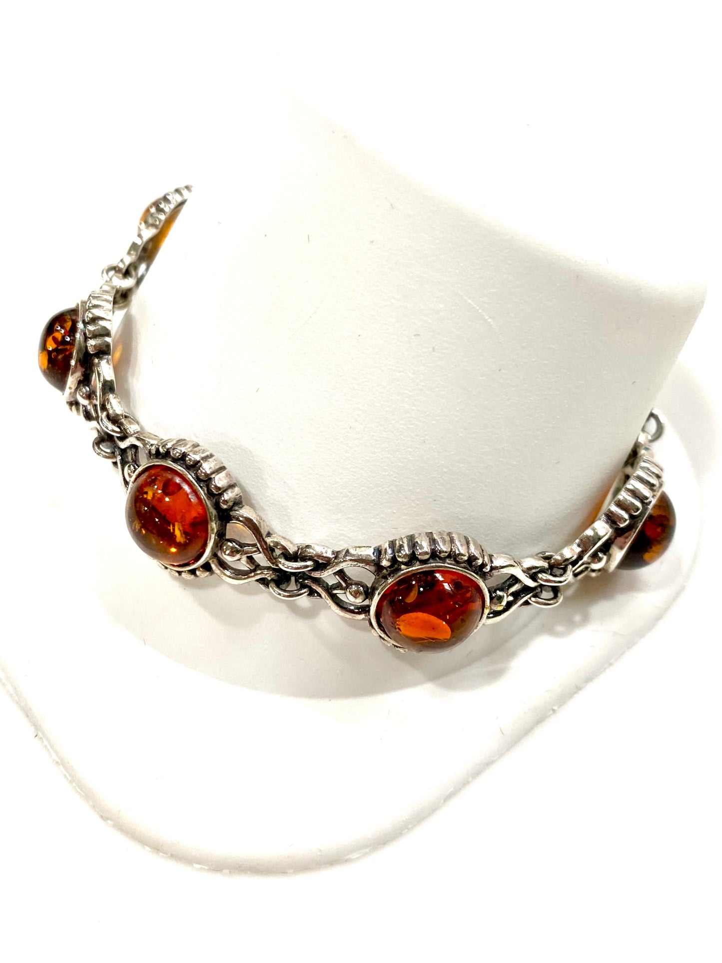 VINTAGE STYLE AMBER CABOCHON LINK SOLID STERLING SILVER BRACELET