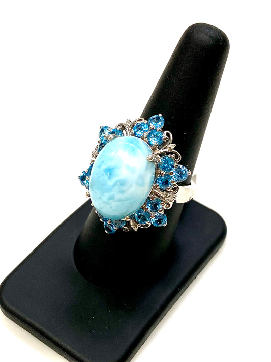 GORGEOUS LARIMAR GENUINE BLUE TOPAZ STERLING SILVER RING