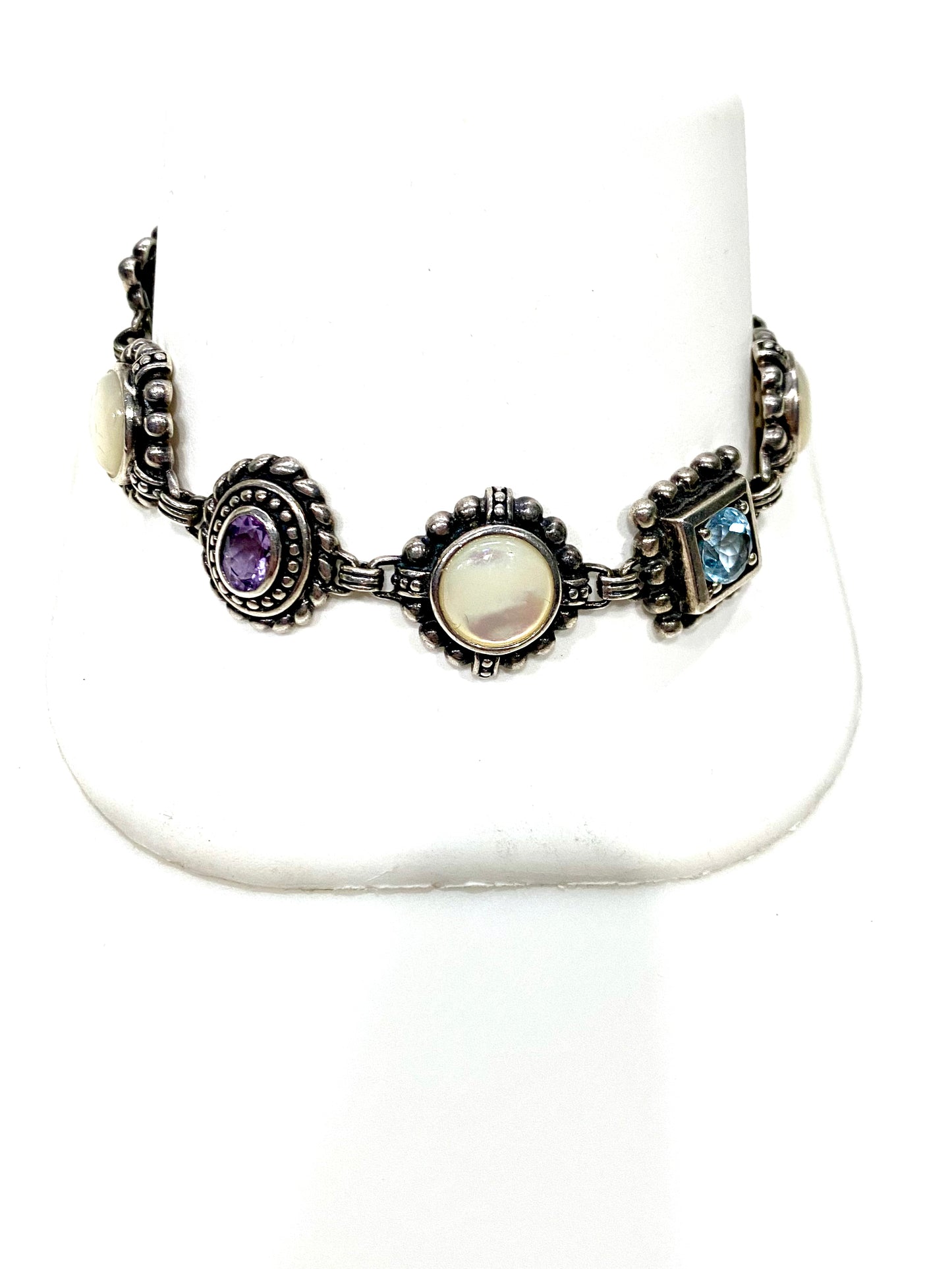 GORGEOUS VINTAGE BLUE TOPAZ, AMETHYST & MOTHER OF PEARL SOLID STERLING SILVER TOGGLE BRACELET