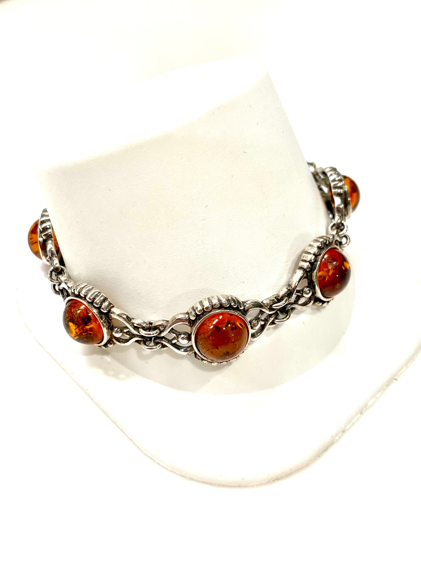 VINTAGE STYLE AMBER CABOCHON LINK SOLID STERLING SILVER BRACELET