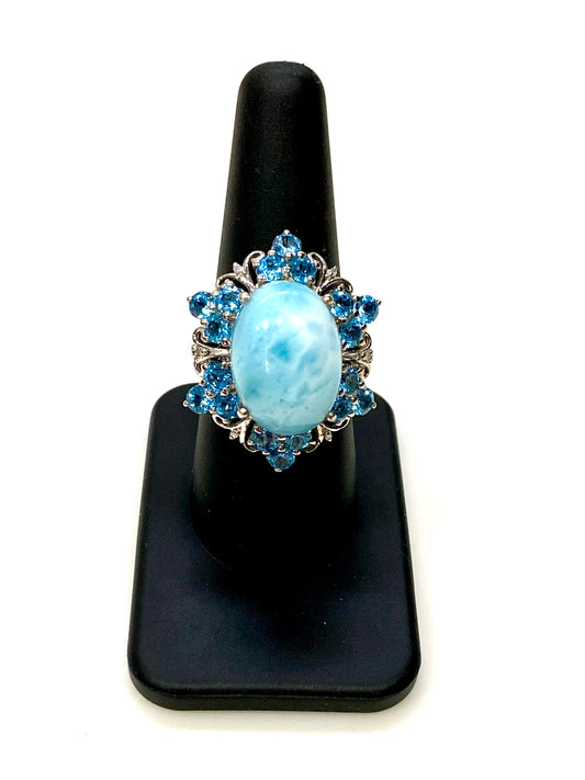 GORGEOUS LARIMAR GENUINE BLUE TOPAZ STERLING SILVER RING