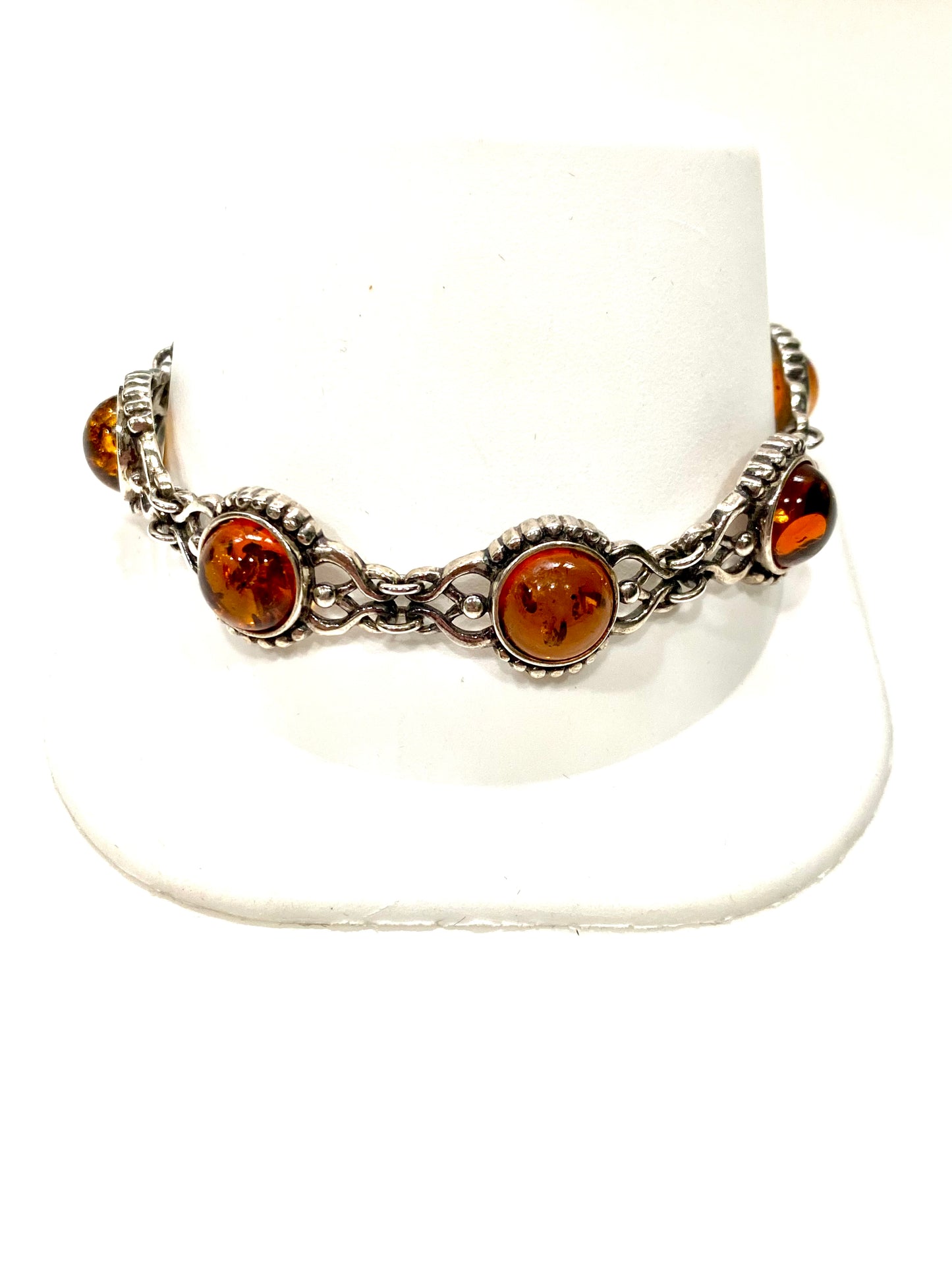 VINTAGE STYLE AMBER CABOCHON LINK SOLID STERLING SILVER BRACELET