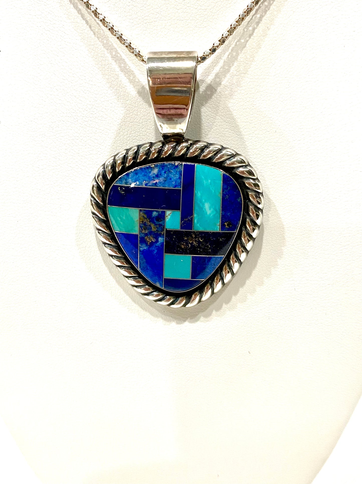 GORGEOUS CAROLYN POLLACK SOLID STERLING SILVER INLAID BLUE LAPIS/TURQUOISE NECKLACE