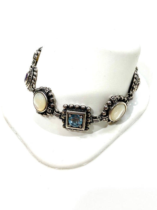 GORGEOUS VINTAGE BLUE TOPAZ, AMETHYST & MOTHER OF PEARL SOLID STERLING SILVER TOGGLE BRACELET