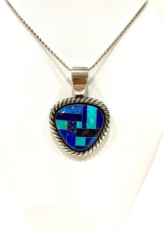 GORGEOUS CAROLYN POLLACK SOLID STERLING SILVER INLAID BLUE LAPIS/TURQUOISE NECKLACE