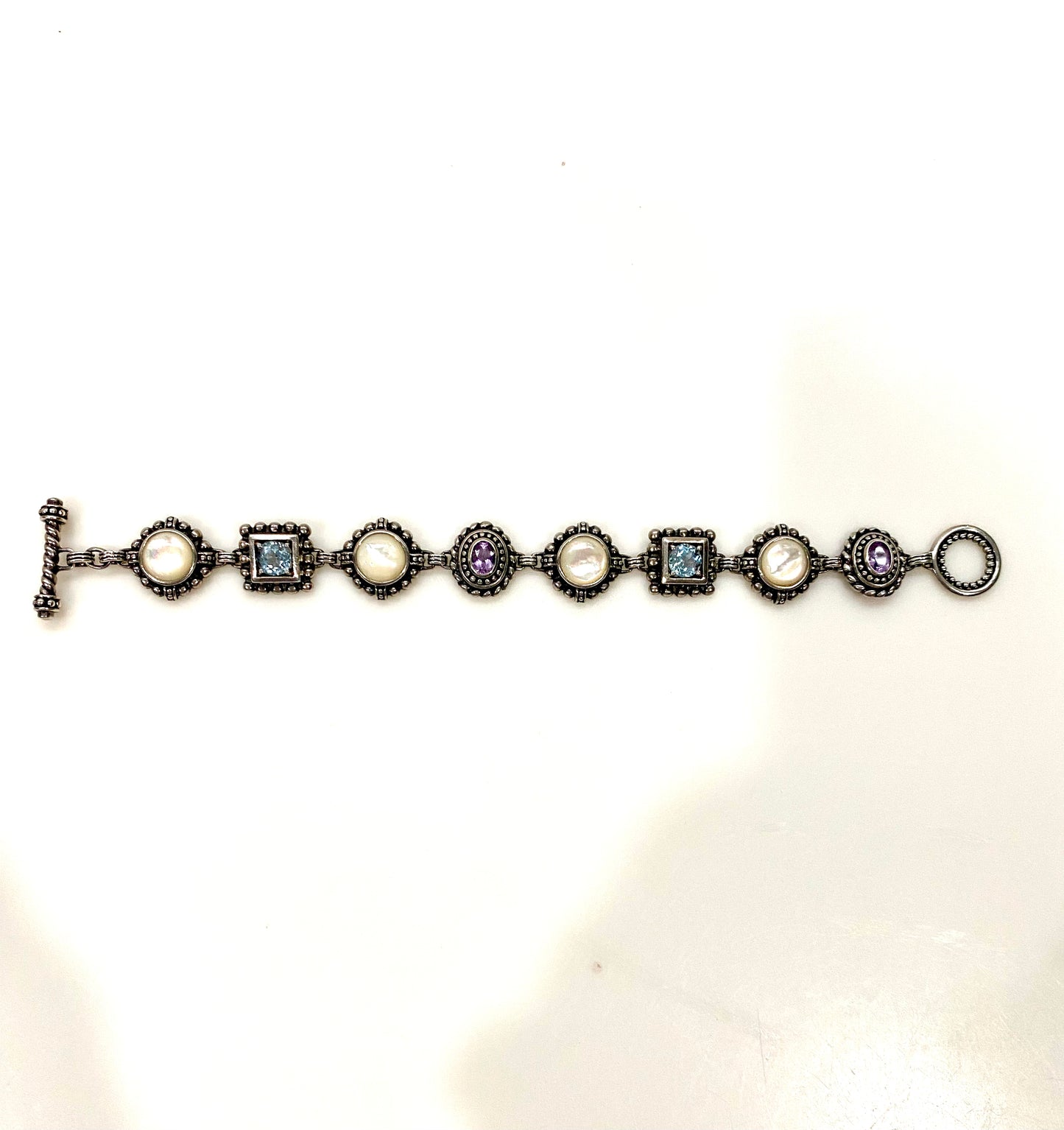 GORGEOUS VINTAGE BLUE TOPAZ, AMETHYST & MOTHER OF PEARL SOLID STERLING SILVER TOGGLE BRACELET