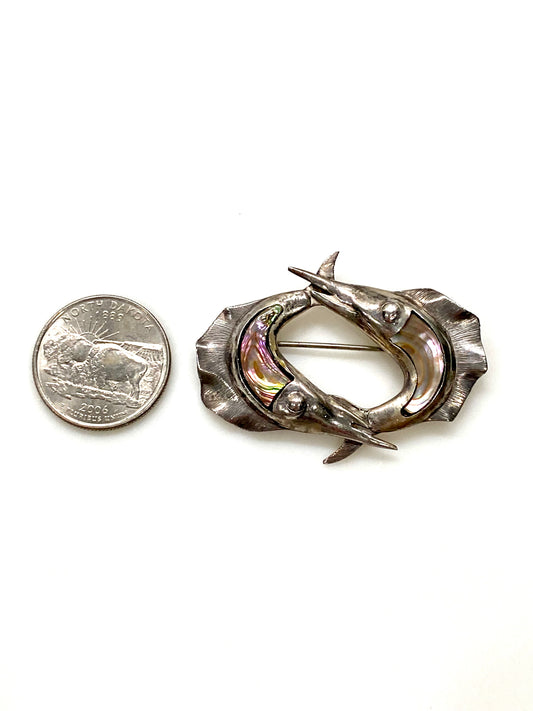 ABALONE PAUA SHELL DOUBLE MARLIN STERLING SILVER PIN/BROOCH