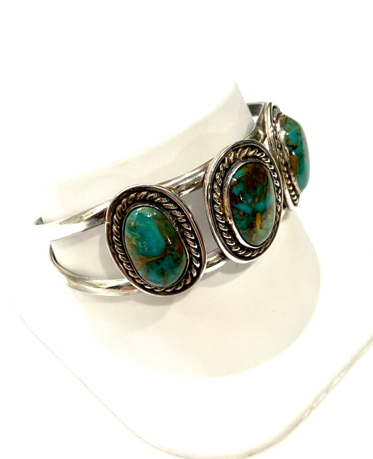 GORGEOUS GENUINE TURQUOISE SOLID STERLING SILVER CUFF BRACELET