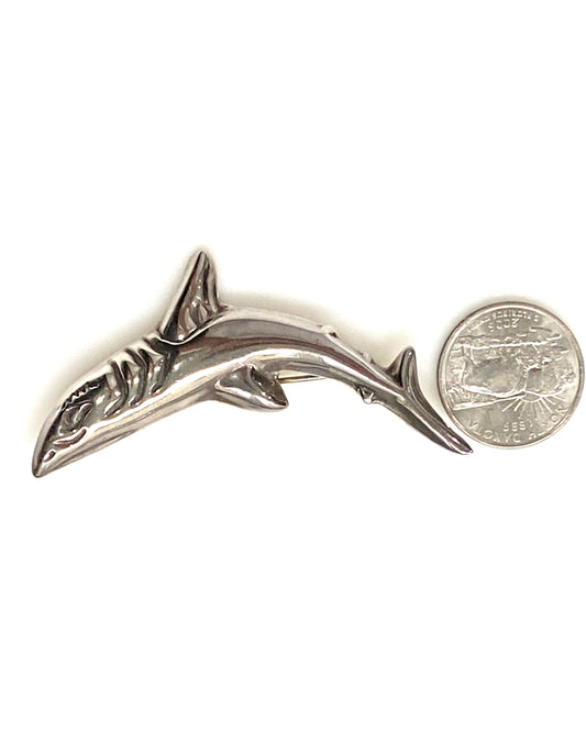 LARGE SOLID STERLING SILVER SHARK PIN/BROOCH