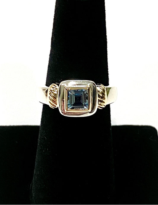 GORGEOUS SOLID STERLING SILVER 14k RING WITH STEP CUT AQUAMARINE