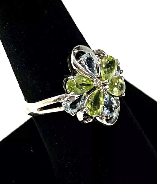 Exquisite Peridot And Blue Topaz Sterling Silver Ring