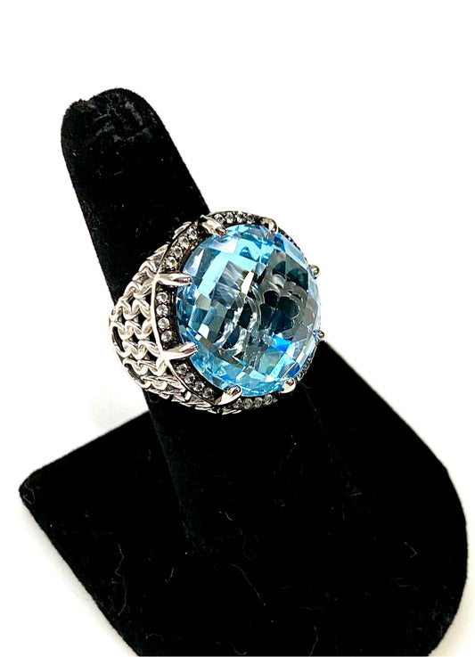 STUNNING 28 CARAT BLUE TOPAZ RING IN STERLING SILVER