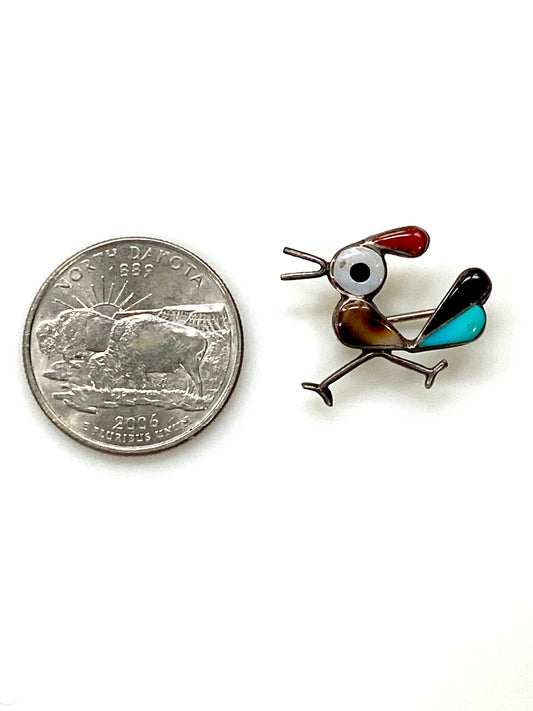 SMALL ENAMEL STERLING SILVER ROAD RUNNER PIN/BROOCH.