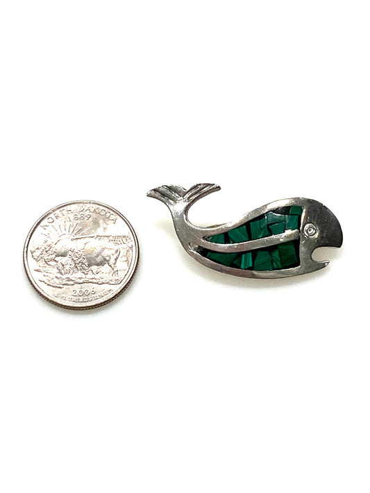 STERLING SILVER MALACHITE FISH PIN/BROOCH