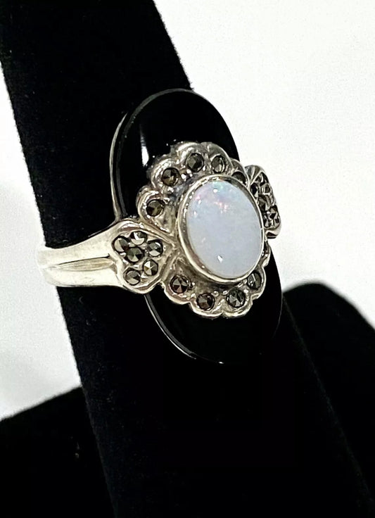 Unique Black Onyx & Opal Sterling Silver Ring