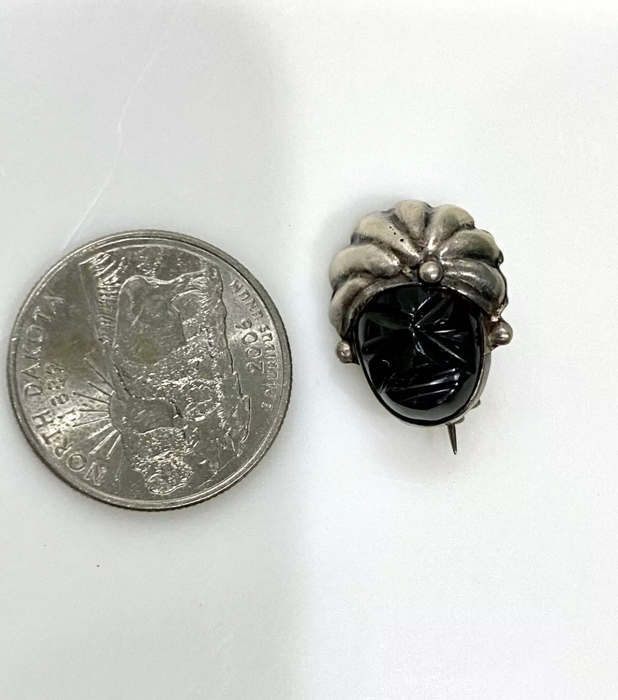 Small Vintage Onyx Mask Sterling Silver Pin