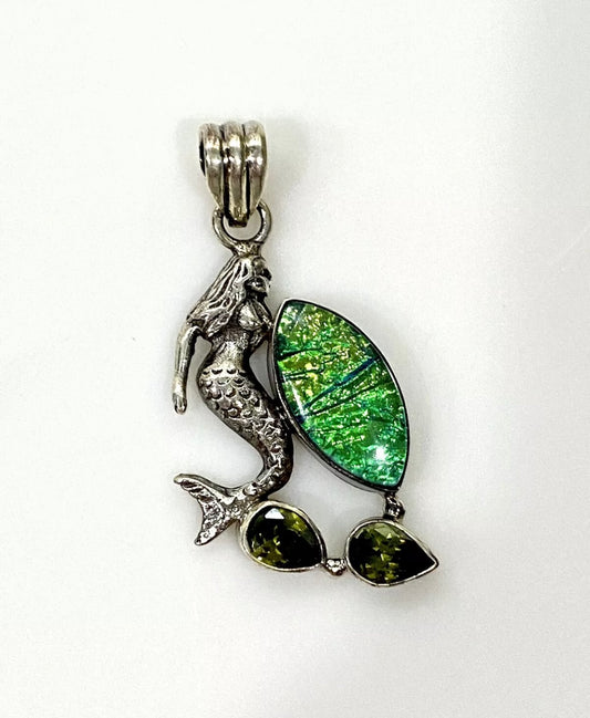 Dichroic Glass And Tourmaline Sterling Silver Mermaid Pendant