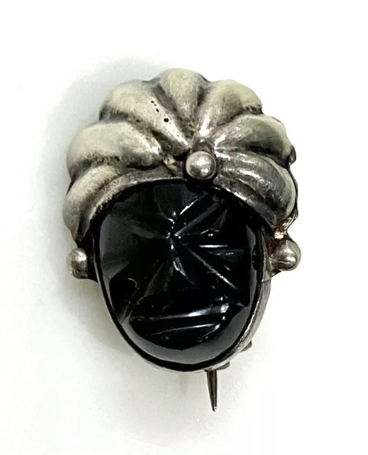 Small Vintage Onyx Mask Sterling Silver Pin