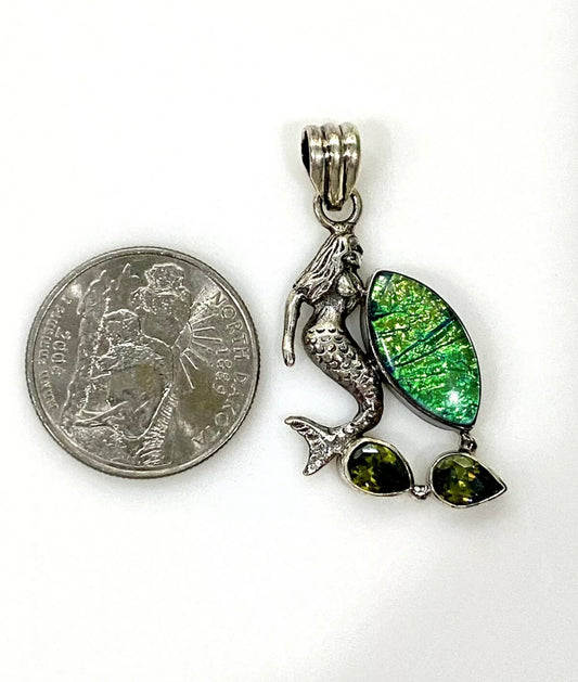 Dichroic Glass And Tourmaline Sterling Silver Mermaid Pendant