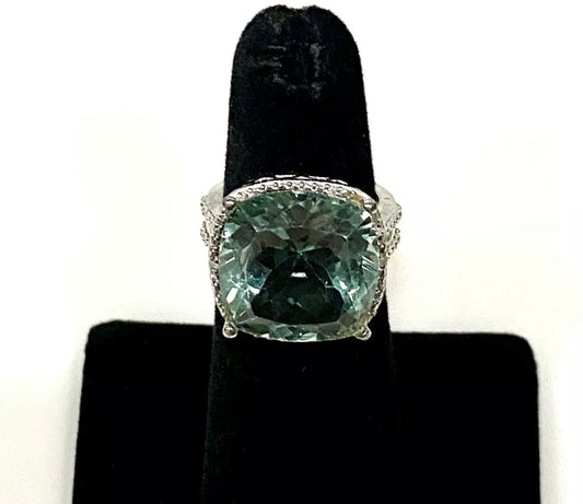 Gorgeous Green Quartz Cushion Cut Sterling Silver Ring