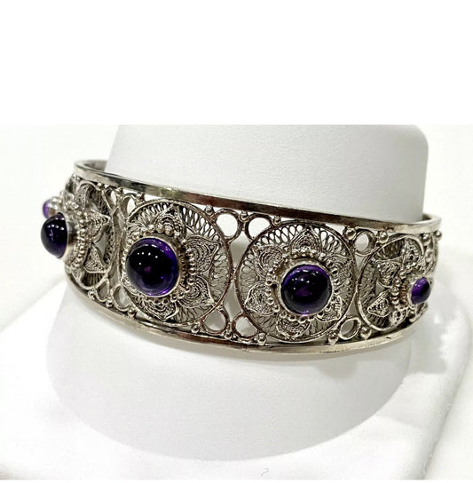 Filigree Cabochon Amethyst Cuff Bracelet