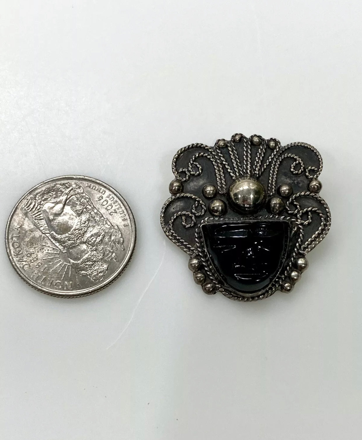 Vintage Onyx Mexico Sterling Silver Mask Pin