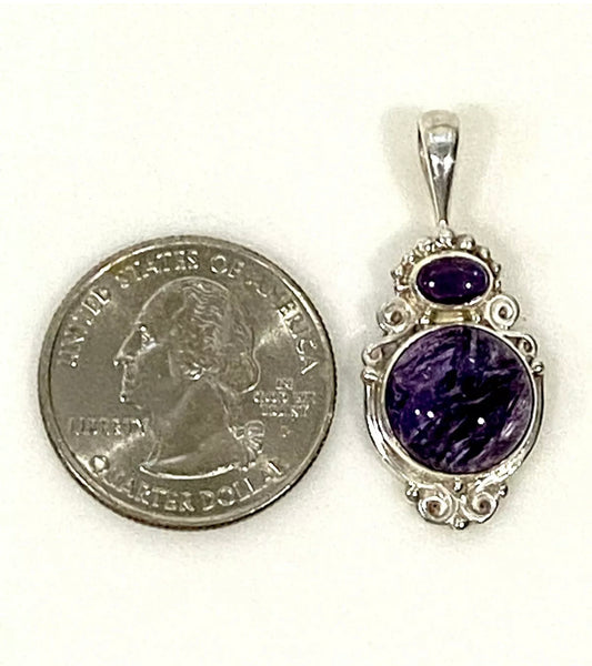 Sajen Charoite & Amethyst Sterling Silver Pendant