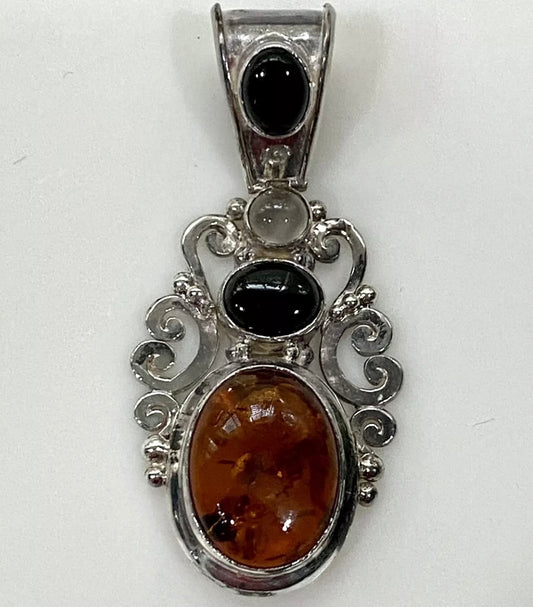 Vintage Styled Amber Black Onyx Moonstone Sterling Silver Pendant