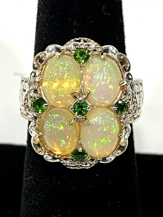 Gorgeous Opal & Tsavorite Garnet Sterling Silver Ring