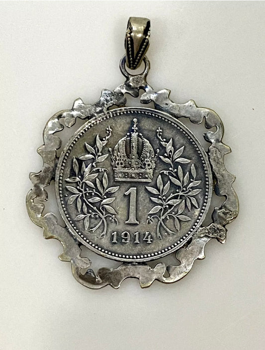 1914 AUSTRIA w KING FRANZ JOSEPH I Eagle VINTAGE Old Silver Corona Coin Pendant