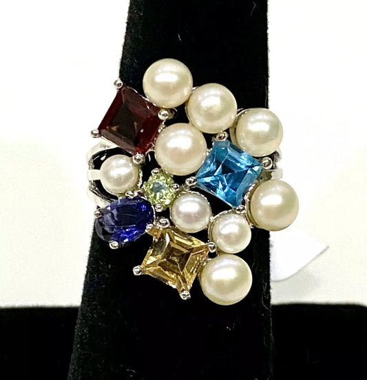 Gorgeous Pearl And Multi Gemstone Sterling Silver Ring