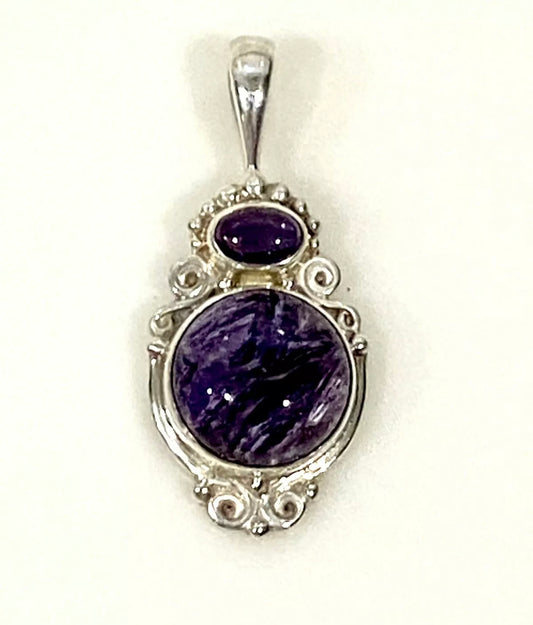 Sajen Charoite & Amethyst Sterling Silver Pendant