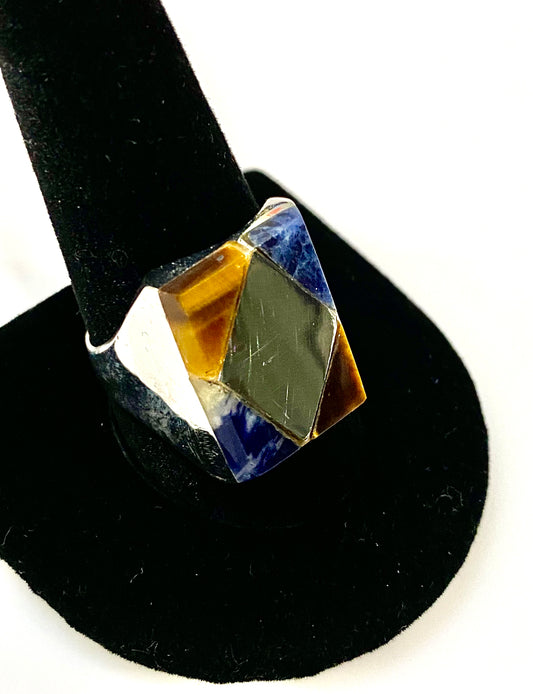 UNIQUELY DESIGNED MEN’S BLUE LAPIS WITH TIGER’S EYE STERLING SILVER RING