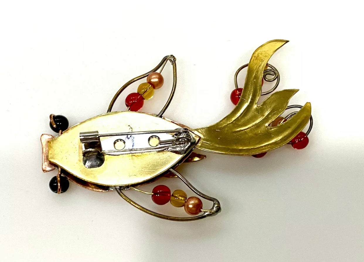 Copper And Brass Beaded Fish Pin/Brooch