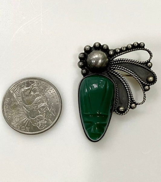 Vintage Green Onyx Sterling Silver Mask Pin