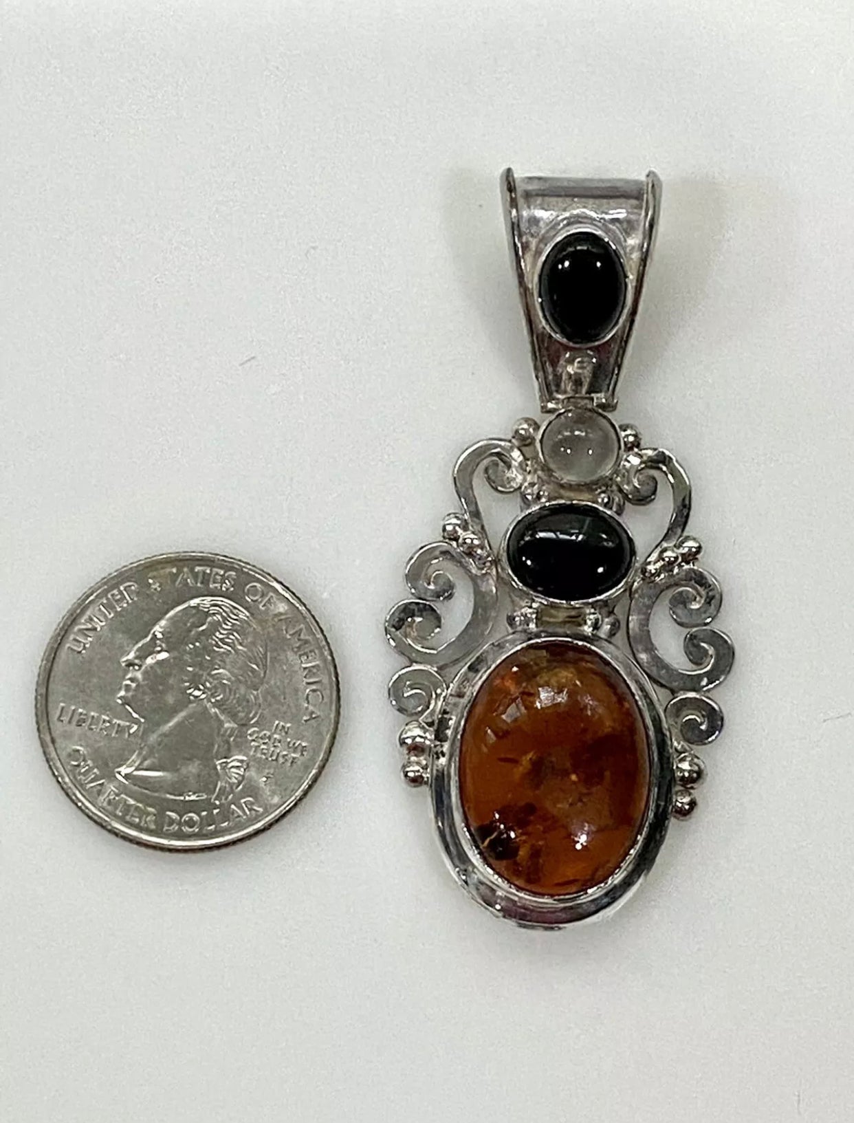 Vintage Styled Amber Black Onyx Moonstone Sterling Silver Pendant