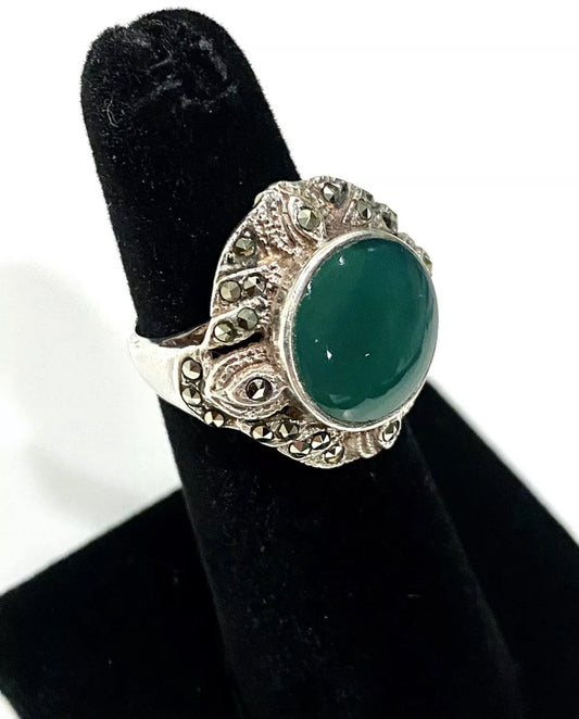 Green Onyx And Marquisite Sterling Silver Ring