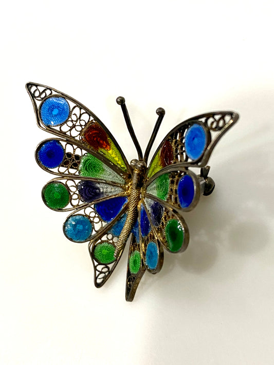 Sterling Silver Butterfly Enameled Pin Brooch