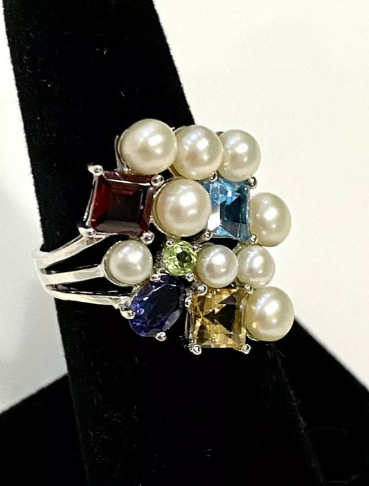 Gorgeous Pearl And Multi Gemstone Sterling Silver Ring