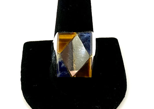 UNIQUELY DESIGNED MEN’S BLUE LAPIS WITH TIGER’S EYE STERLING SILVER RING