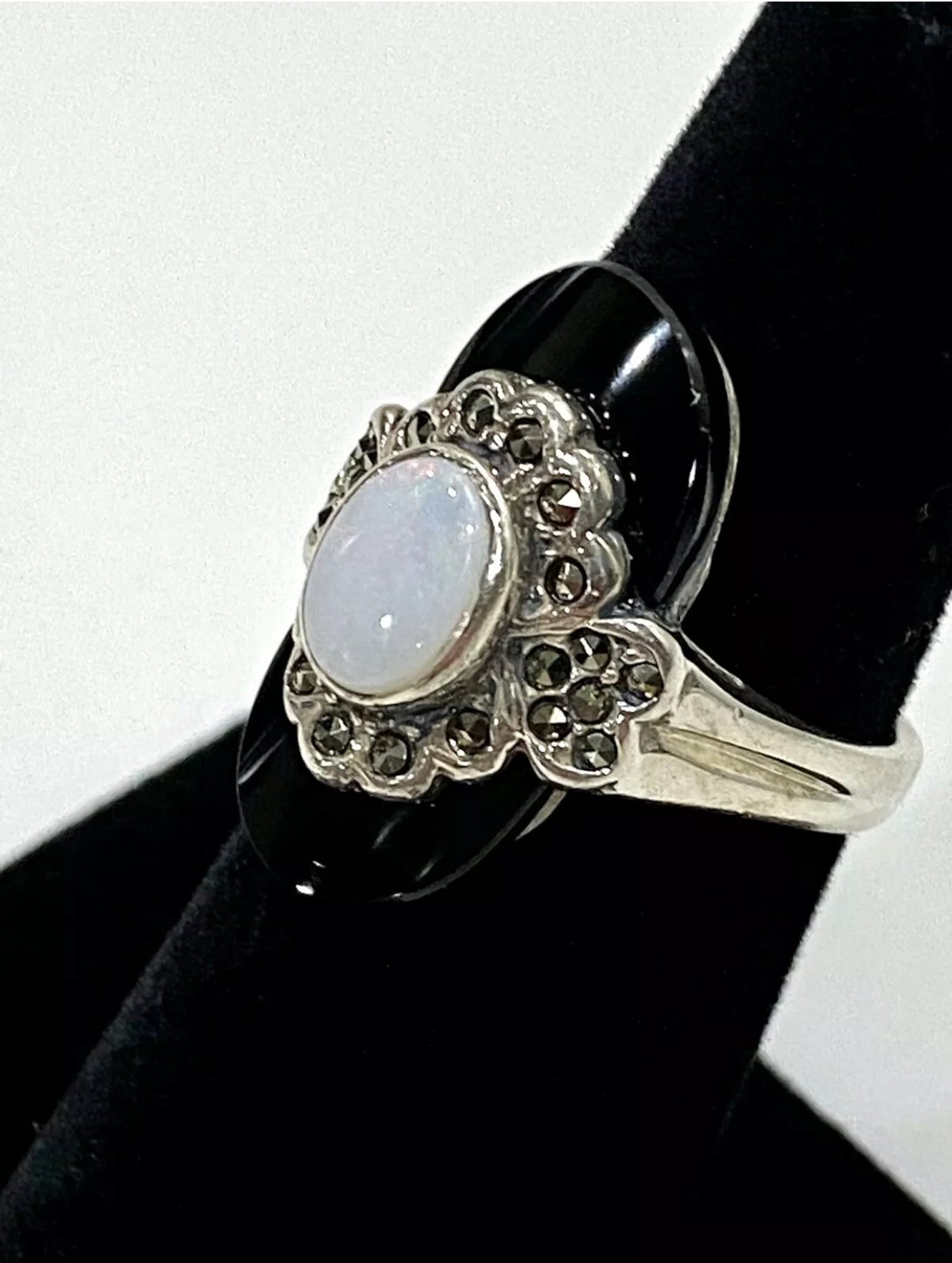 Unique Black Onyx & Opal Sterling Silver Ring