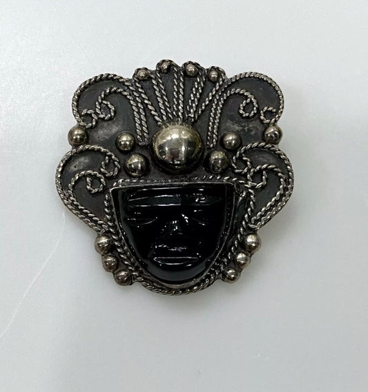 Vintage Onyx Mexico Sterling Silver Mask Pin