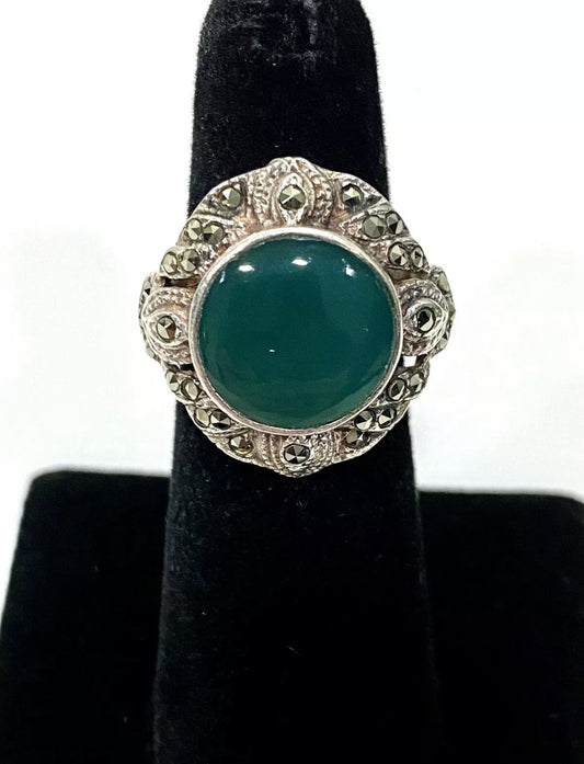 Green Onyx And Marquisite Sterling Silver Ring