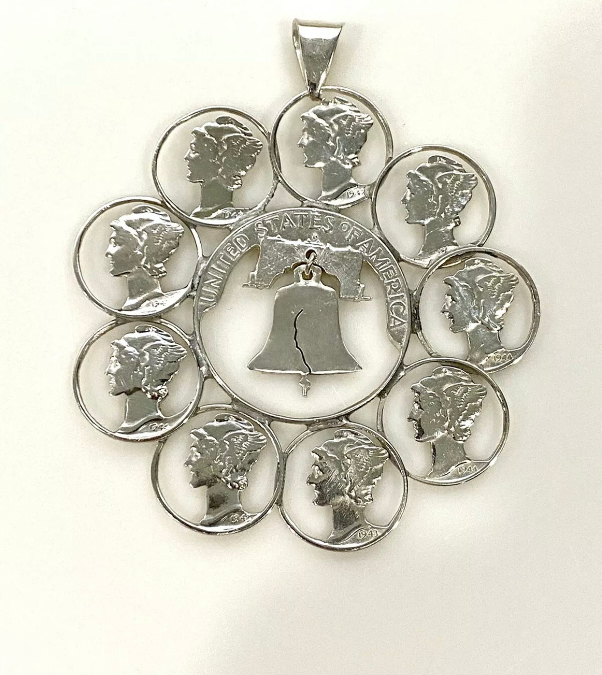 Sterling Silver Liberty Bell Mercury Dime Pendant