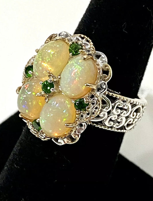 Gorgeous Opal & Tsavorite Garnet Sterling Silver Ring