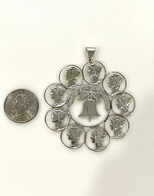 Sterling Silver Liberty Bell Mercury Dime Pendant