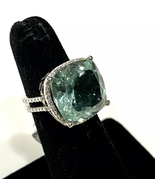 Gorgeous Green Quartz Cushion Cut Sterling Silver Ring