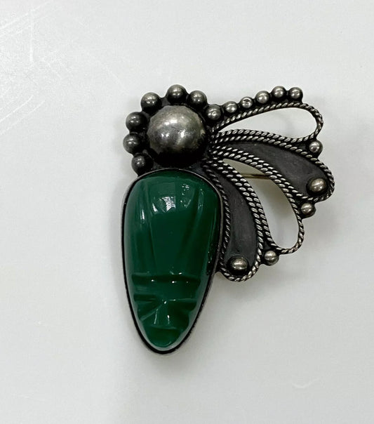 Vintage Green Onyx Sterling Silver Mask Pin